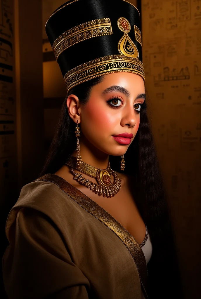  egyption queen, elegant egyptian queen portrait, ornate headdress, regal expression, piercing eyes, golden jewelry, luxurious draping, dramatic lighting, ancient egyptian temple background, intricate hieroglyphics, 8k, high resolution, photorealistic, cinematic, dramatic