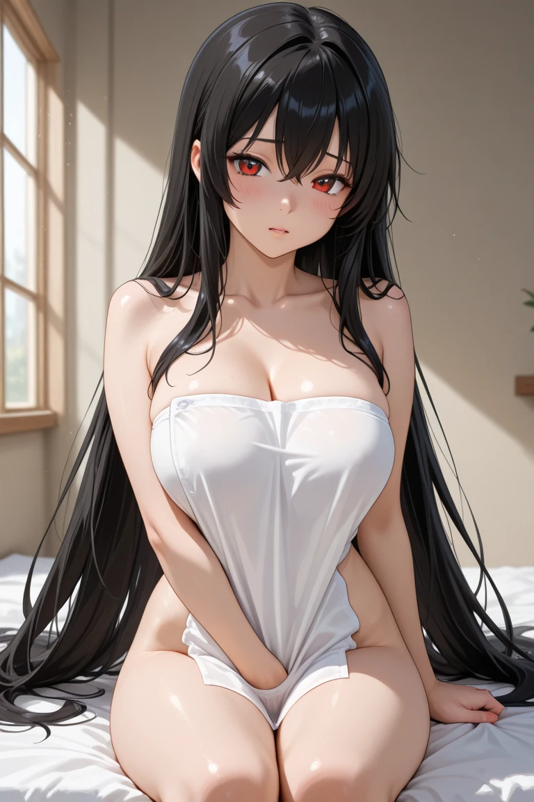Yamamura Sadako long hair red eyes hair covering eyes red face white clothes smile big breasts breast enlargement full-body shot at home looking into the camera illustration, ultra-detailed, HDR, vibrant colors, soft lighting 4k