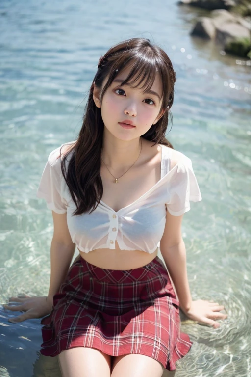(best quality),(high_quality),masterpiece,4k,8k,raw photo,(a professional of japanese girl with pretty eyes ),ta,big breasts,microbikini,beach,A busty girl wearing a plaid T-shirt and skirt with a visible cleavage with cute pose.