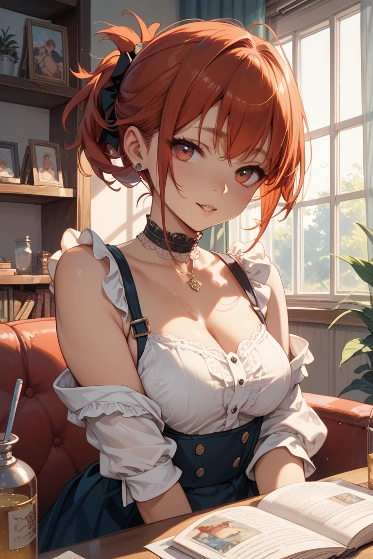 girl,(hotify:1.2),sitting,chair,kitchen,food,table,short_hair,bob cut,hair clip,freckles,suspenders,red_hair,cleavage ,(masterpiece,detailed,highres:1.4)