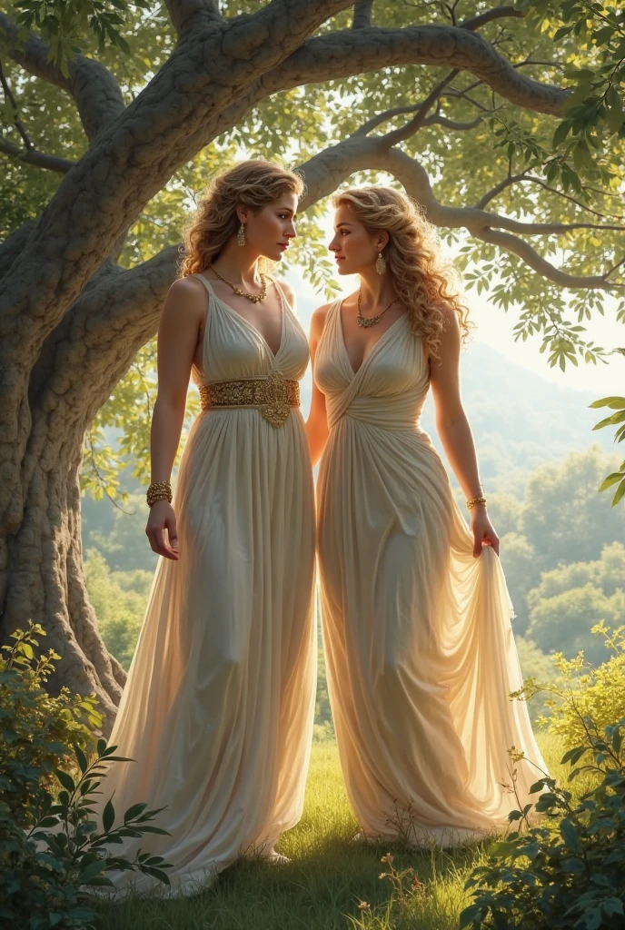 Aphrodite, white dress blonde hair is with Sappho of Lesbos, Short dark hair and white dress with face looking forward and laughing, without having physical contact