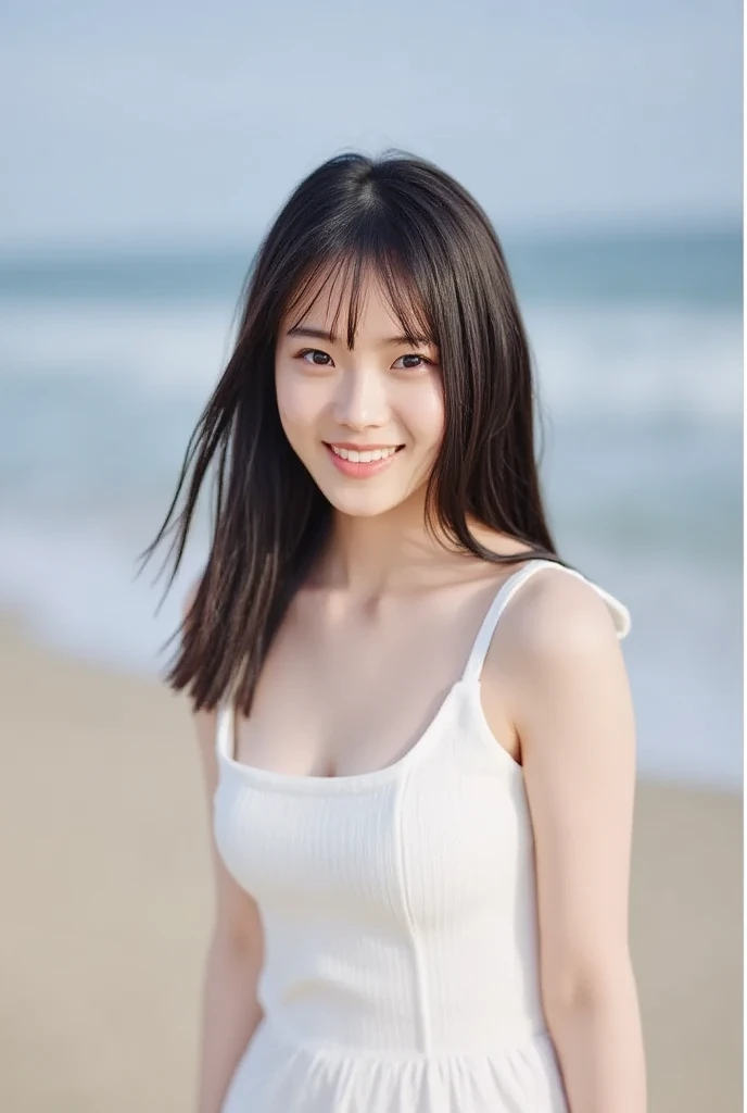 ((Real 8K、masterpiece、highest quality、Ultra-high resolution、Realistic skin texture))、Sexy Beautiful、A 25-year-old beautiful girl with a sexy and cute look, Beautiful, sexy face with large, well-balanced eyes、7-head beauty, 1 girl,Moyou,With bangs,Black long dress,Turquoise background,smile,Composition from above the knee、There is a natural color difference、smile、Teeth clean、Sexy thighs、