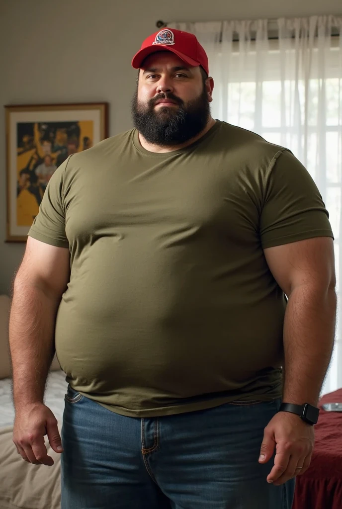 A chubby gentleman with a strong body on his chest., Show his belly, beard, Side View, wearing, in the living room
