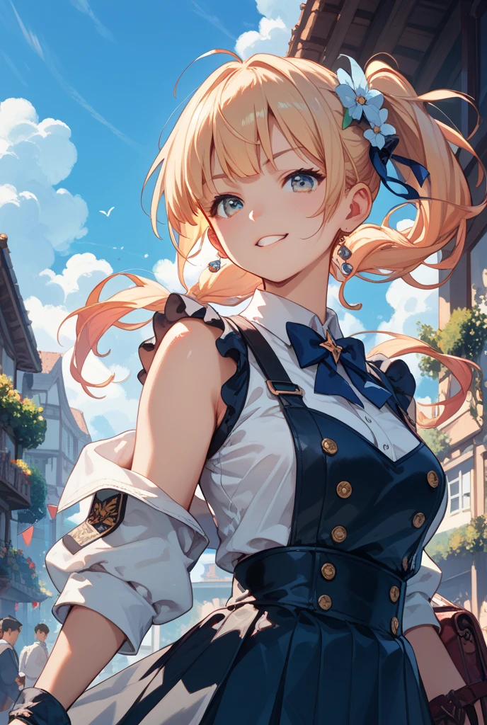 firefly、Good looking girl (blush, Perfect Face), independent , Looking at the camera, masterpiece, Anime art style, Cute Characters, Most detailed, high quality、Nico Nico Smile、There are highlights in the eyes、blonde、The whole body is visible、ta、Small breasts、Braided Short Hair、Flower decoration、Yellow Eyes