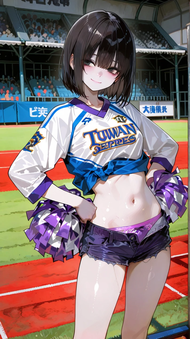 dildo_Under_Cloth:1.5,Bigboobs,cleavage,uni form(yellow,black),group shot:1.7,baseball,baseball stadium,Panty drop:1.5,Clothing with tiger printed on it,tubetops,Underboobs,ponytail,cheerleader, stadium, team spirit, pom-poms, enthusiastic, energetic, crowd, uniform, sports event, cheering, colorful, dynamic pose, happy, vibrant, teamwork, celebration, night game, lights, action