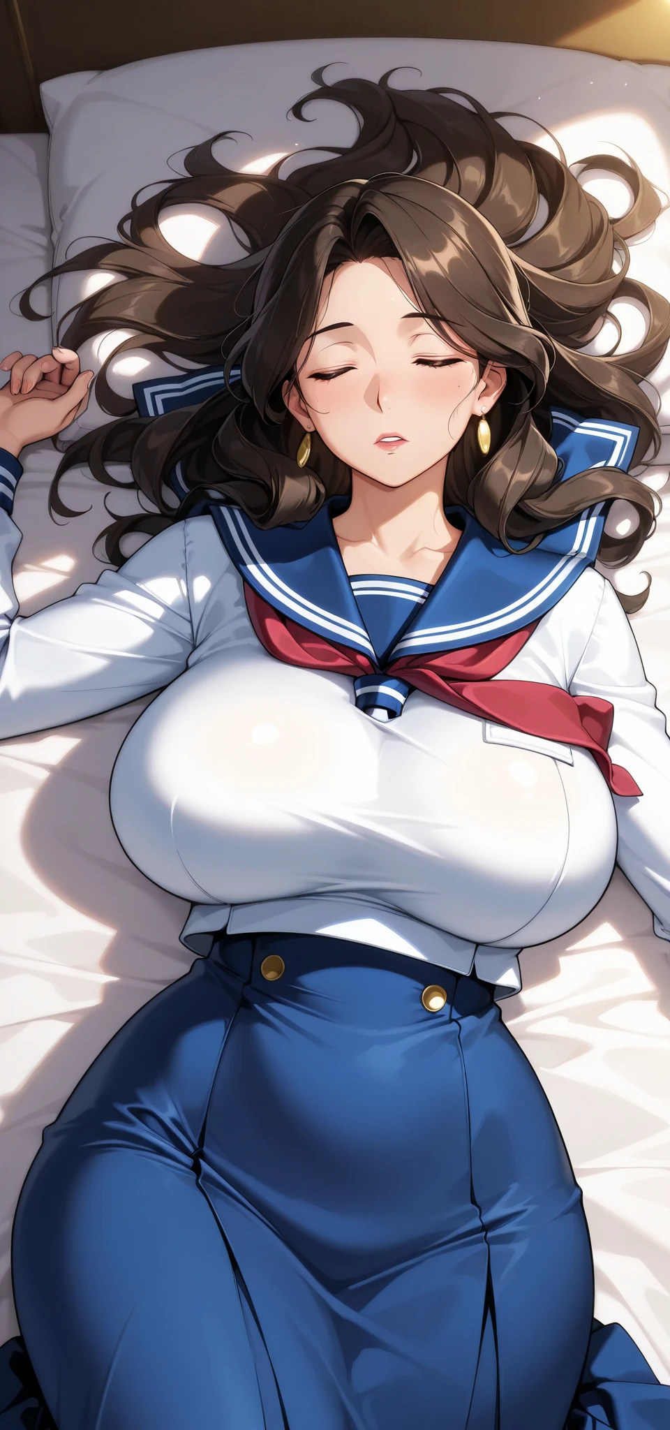 From above、(high school girl)、(huge breasts:1.6)、(Student sailor suit and skirt)、(Brown Bob Hair)、Brown eyes、Ahoge、Panties、(Moaning with an ahegao face)、Lying in bed、Spread your legs、(Having vaginal sex with a man)