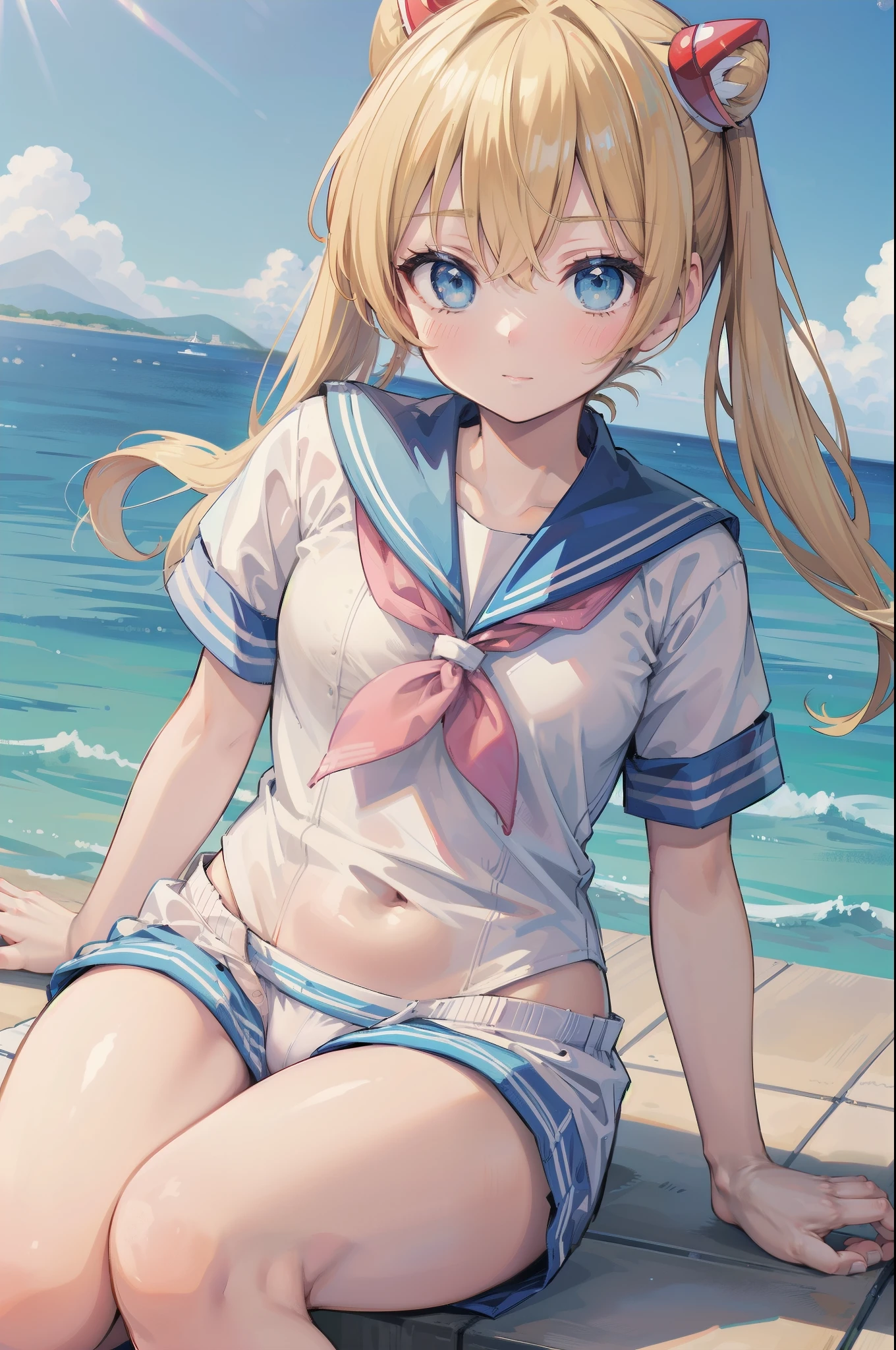 Tight sailor collar swimsuit、Very cute girl、Blonde Hair