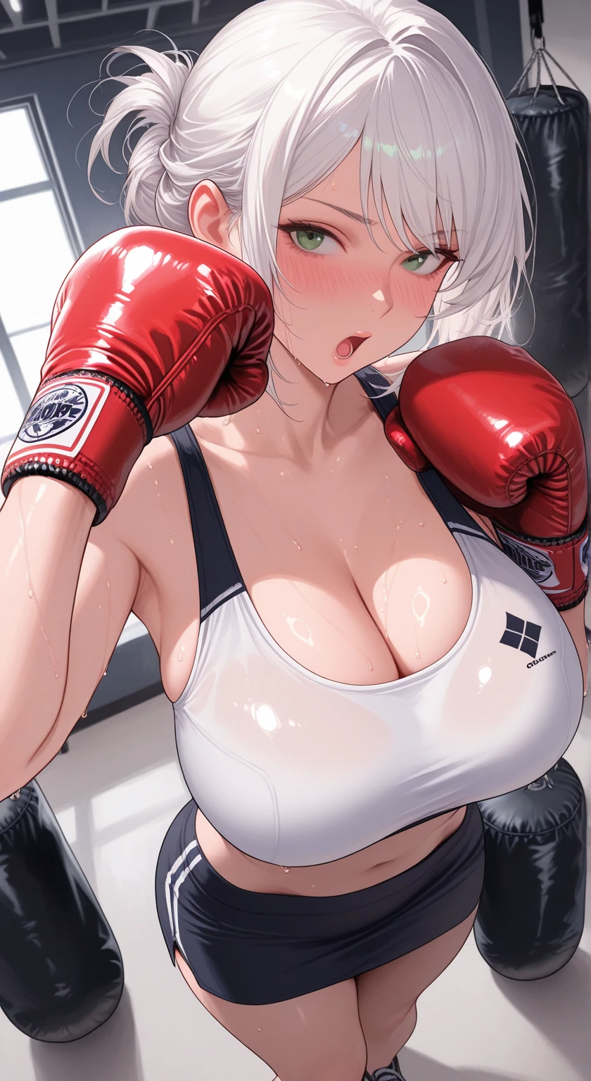 korean beautifull girl，18 years old,Pretty Face，Good shape，detailed picture, Solemn expression， blush，White ponytail, Wear sexy lingerie，Soaked，Wear black pantyhose，high-heel boots, Wearing black boxing gloves，Black sleeves on arms, Perform standing boxing defense in the boxing ring，Large Breasts,Cleavage,Long legs，Thin waist，nipple，