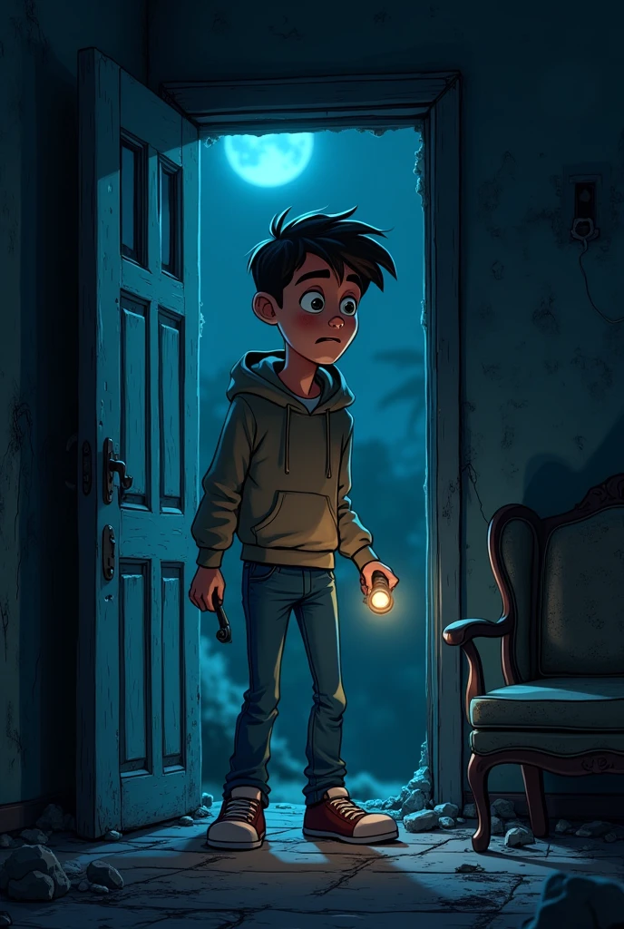 Boy turn on flashlight in horror house in the.Animation Form