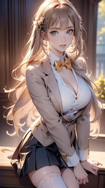 (((a blond、Portrait、looking in camera)))、[monochromes:Subdued Color:2.6] theme, (masutepiece), (Best Quality), , Light Layer, Lustrous skin, (intricate-detail , taut clothes, ),  Kim Hair, hime-cut, Blunt bangs、Blue eyes、 30s、(maturefemale)、((student clothes、blazers、a miniskirt、curlyhair、Beautiful breasts))、symmetry、Thick lip、Lustrous lips、Tall lady、Standing Pose、white backgrounid、simple background、Single-color background、femele１a person、