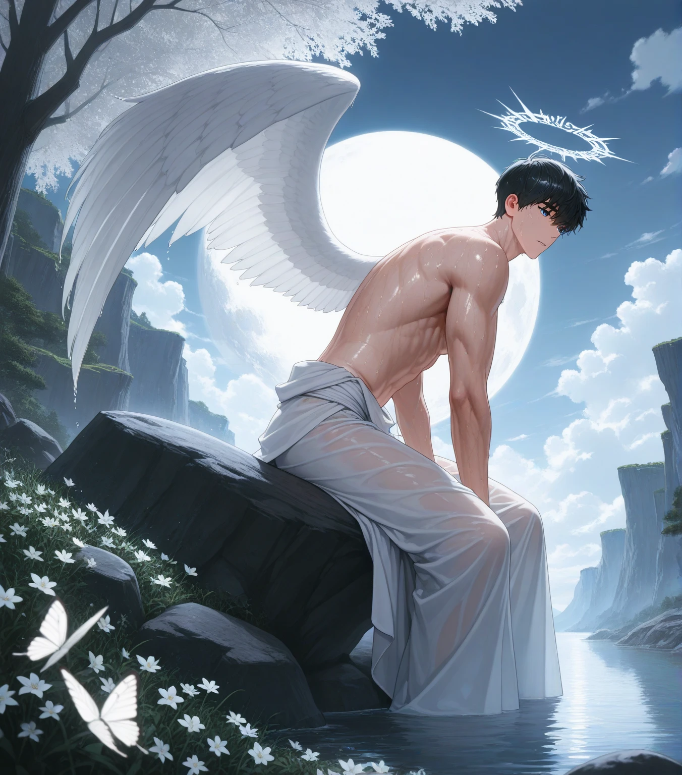 (absurdres, highres, ultra detailed, HDR), masterpiece, best quality, boy with halo,  in a celestial base, topless angel, professional photo, arafed man shirtless torso, sitting comfortably while legs spread, (puffy(from below:1.1)), eyes on viewer, korean young boy 18 years old, asian male, [ adamantly defined body ]