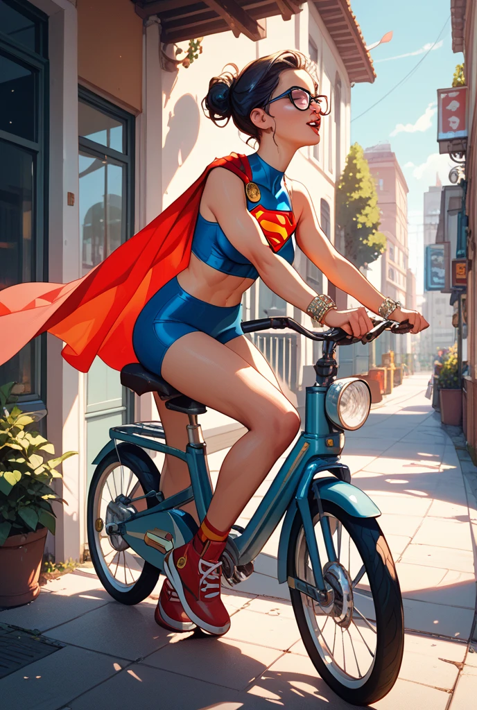 A girl，Suoergirl，Young Marilyn Monroe as Supergirl，blond，eyes beautiful，A charming smile，sexy Swimsuit , “S”logo, Small red cape，huge breasts, huge ass, fitness legs, plump body,Rich in details，detailed，Advanced Lighting，High-quality paintings 8K