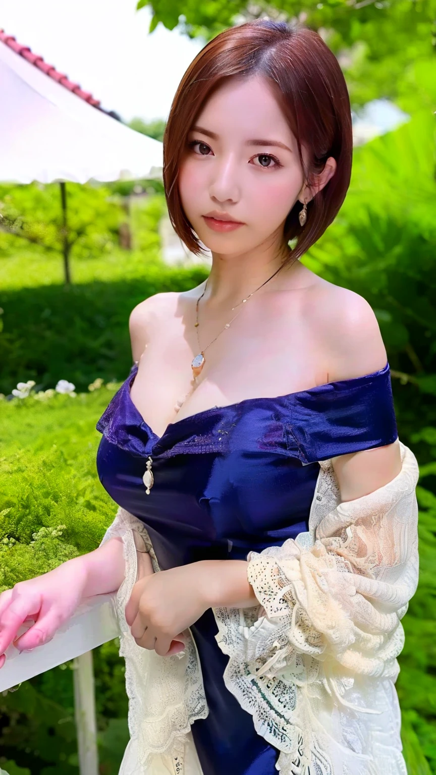 (masterpiece, best quality, 8k:1.2), (an extremely delicate and beautiful), (reality:1.4), extremely detailed wallpaper, super fine illustrations, (perfect face, perfect eyes:1.3), (an extremely delicate and beautiful girl), (mature female:1.1), beautiful detailed eyes, finely detail, delicate face, masterwork, 1girl, delicate details, highres, ((highly detailed face, beautiful detailed face)), an extremely delicate and beautiful face, intricate detail, complex details, ultra-detailed, solo, (symmetrical eyes), (large medium breasts:1.2), glamour, sexy, short hair, nffsw, (blue dress, off shoulder dress, lace-trimmed dress, bare shoulders, frills), earrings, pendants, (garden), (cowboy shot:1.2), looking at the viewer, dutch angle,