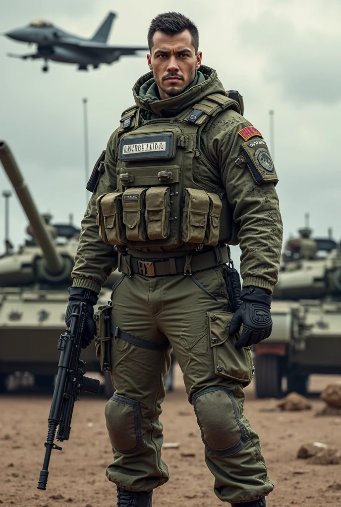 Photorealistic, high resolution, 1 malay woman in hijab, Solo, Hips up, Gaza background,view the viewer, (Detailed face), White hijab, SWAT vests, sniper rifle handle, Black military uniform, bulletproof vest, Holding an assault rifle, M16, Inside the city of Palestine, Very detailed, Perfect face, Black eye, jewelry, (full body view)