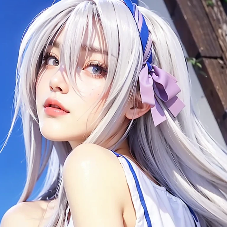 {The theme is Hatsune Miku}、((White crazy long hair:1.5))、Twin tails、((Blue Ribbon Scrunchie:1.2))、((White sleeveless long shirt:1.3))、, Shiny Hair, Expressive hair, crystal hair, Gradient blue eyes, Artistic, Conceptual Art, Glitter effect , Shine, Ultra-high resolution, retina, masterpiece, Accurate, Anatomically correct, Very detailed, Attention to detail, Fine skin,Flat body、slim、、cute、(Crystal of snowの刺繍:1.3)、(Blue tie:1.3)、(((Crystal of snow)))、(Pitch black background:1.2)、head shot