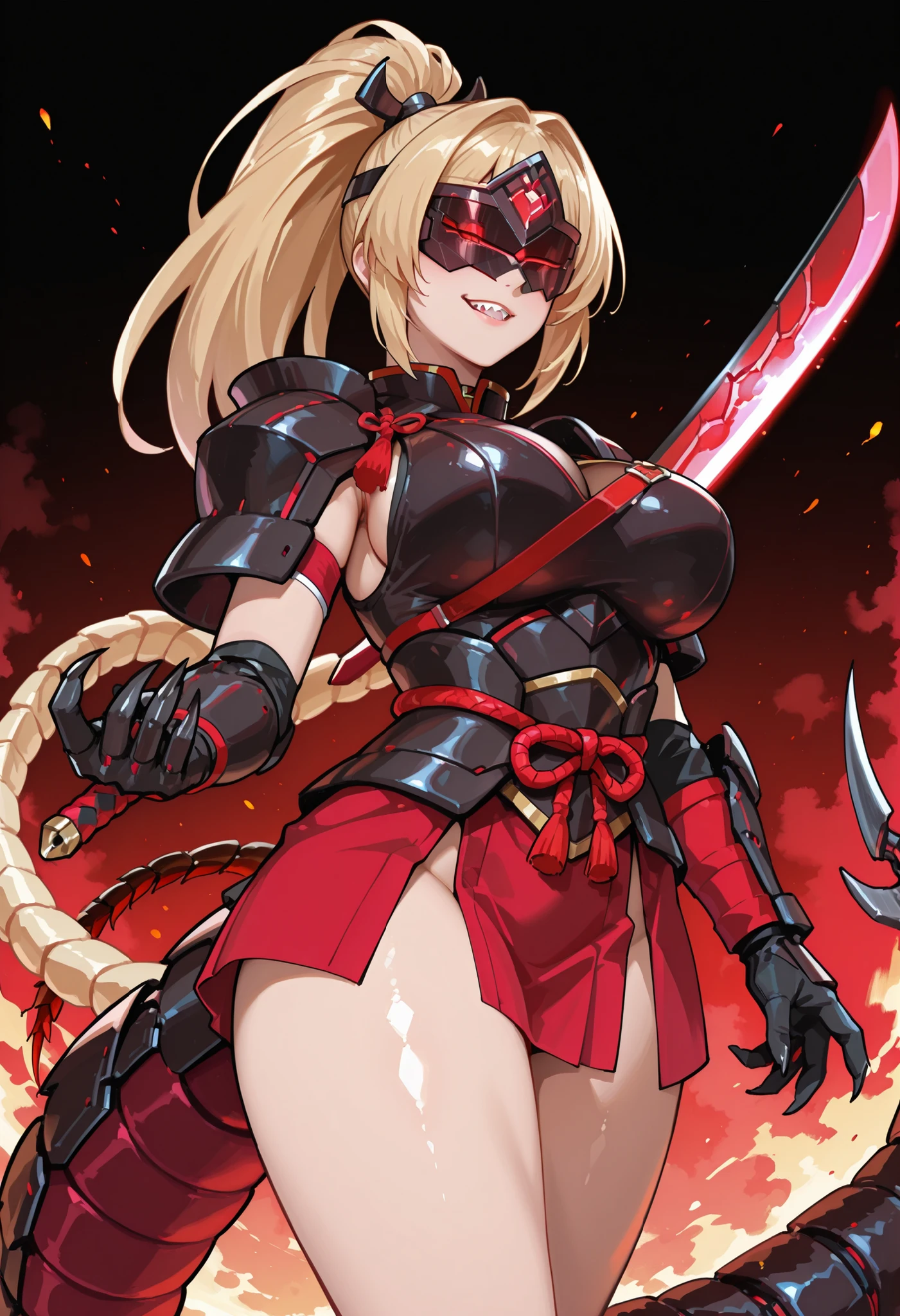 Samurai girl. Visor. Black and red armor. Blonde hair. Ponytail. Large breasts. Thighs. Red sword. Sharp claws. Glowing core. Multiple centipede tails. Mechanical centipede tail.
