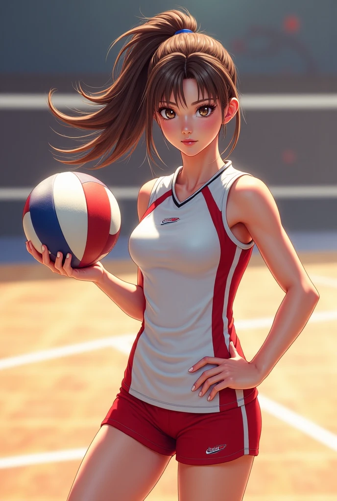 gym、basketball court、stadium、 masterpiece, highest quality, cinematic light, 8K resolution, sharp focus: 1.2, 25 year old woman, sexy woman, Basketball uniform,   whole body、 smile