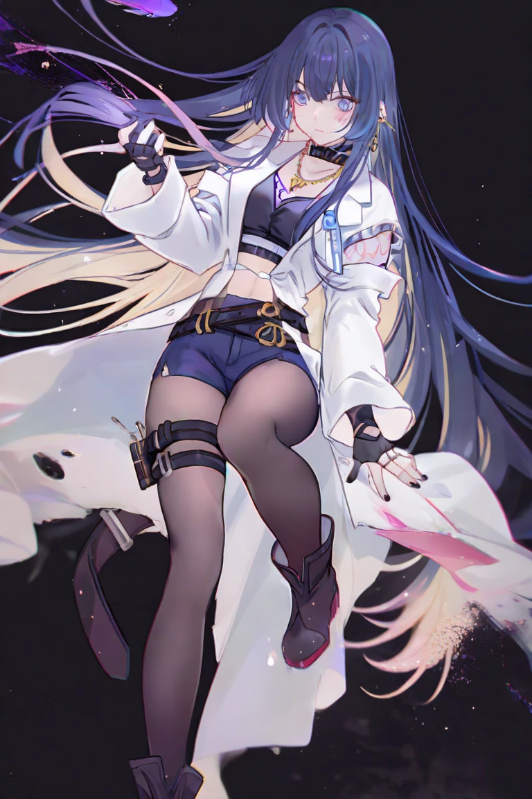 young girl, Long white hair, cat ears, violet eyes, leather jacket, briefs, tear stockings, Black Top, open belly, Lots of scars, claws, anger, Masterpiece, hiquality