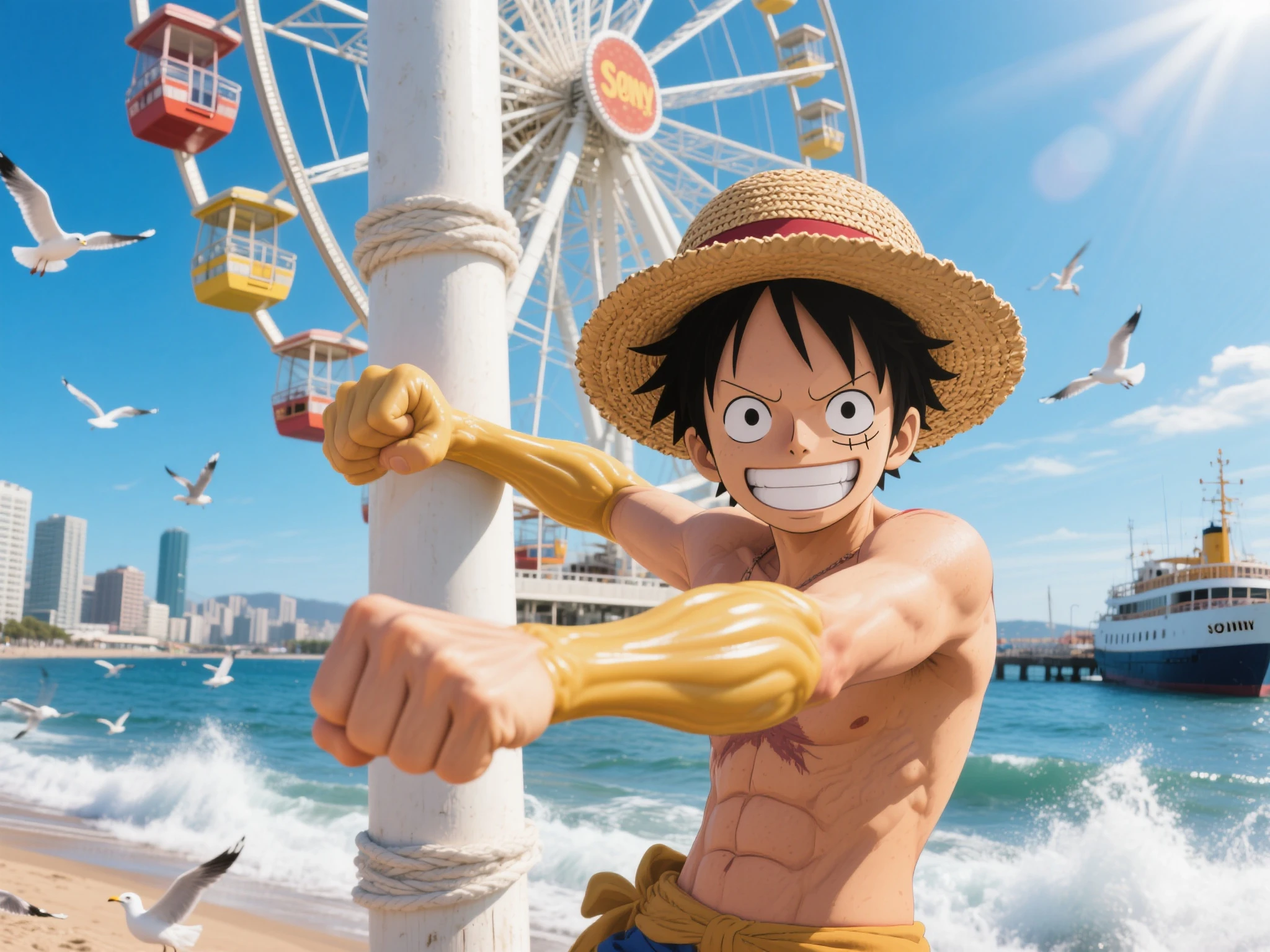 , Luffy is wearing a straw hat and putting on a fighting position，The rubber arms are stretched and wrapped around the pillars of a ferris wheel in the real world；The user wears the same straw hat and Luffy's punch，The background is a seaside city shining in the sun，The waves crashed on the shore，Seagulls flying，docked at the Sonny in the distance，The picture is bright，There is a passionate atmosphere of adventure。