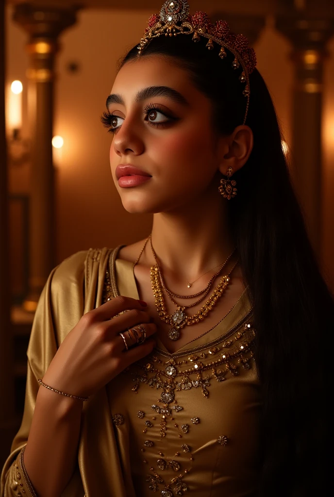 egyption queen, detailed portrait of an ancient egyptian queen, ornate headdress, regal posture, piercing gaze, dramatic makeup, bejeweled necklace, opulent robes, lush palace interior, warm lighting, cinematic, oil painting, 4K, HDR, ultra-detailed, photorealistic, vivid colors
