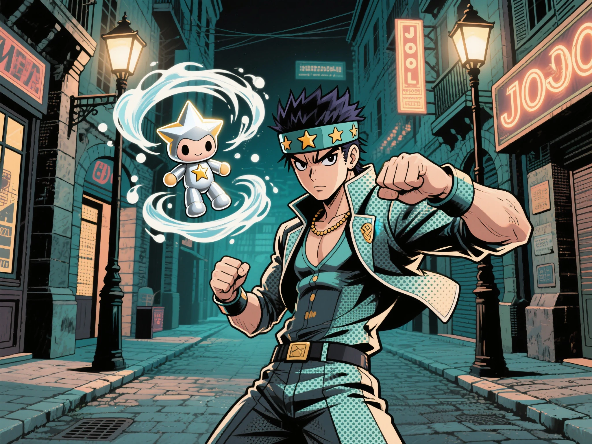 Jotaro is wearing a Star Platinum headband，Posing in JOJO pose，The Star Platinum doll floats behind him and releases ripples；The user is wearing similar clothing，Look at Jotaro and strike a fighting pose at the same time，The background is a retro European street，The street lamps and signs are flashing with mysterious light，The picture adopts an exaggerated comic dot style，Strong lines and full of tension。
