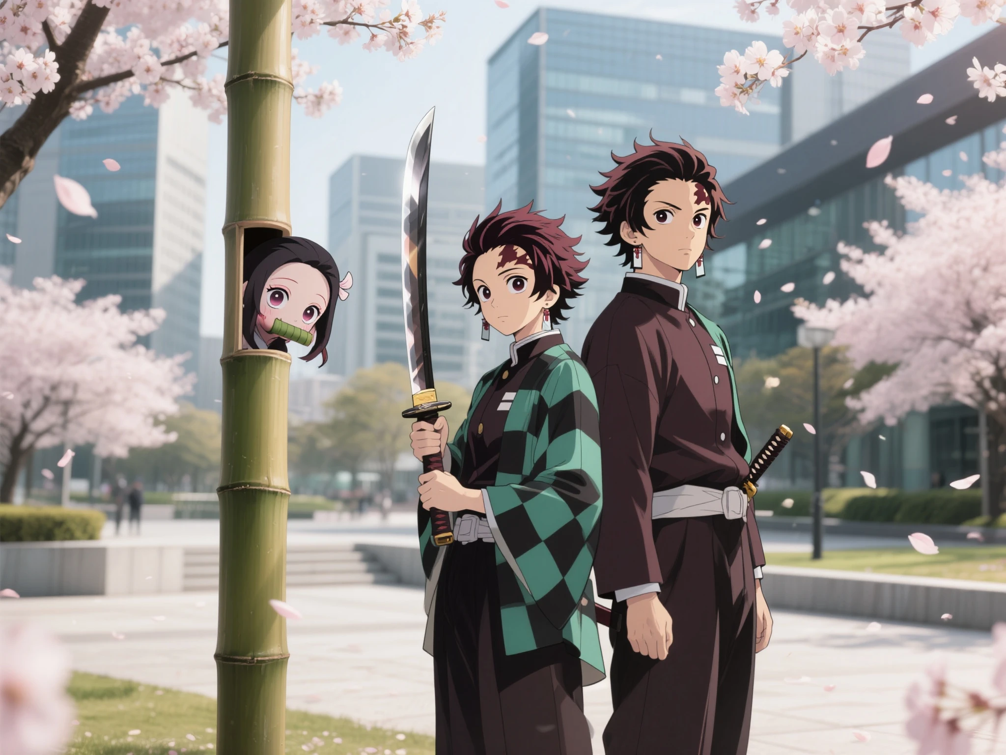 Tanjiro is carrying a Japanese wheel sword，Nezuko's head sticking out of a bamboo tube，Two people standing in a modern park with cherry blossoms；The user stands side by side with Tanjiro holding the same Japanese wheel knife，with a firm eye，The background is intertwined with modern architecture and falling petals，Soft tones，The light and shadow creates a sense of warmth and healing。