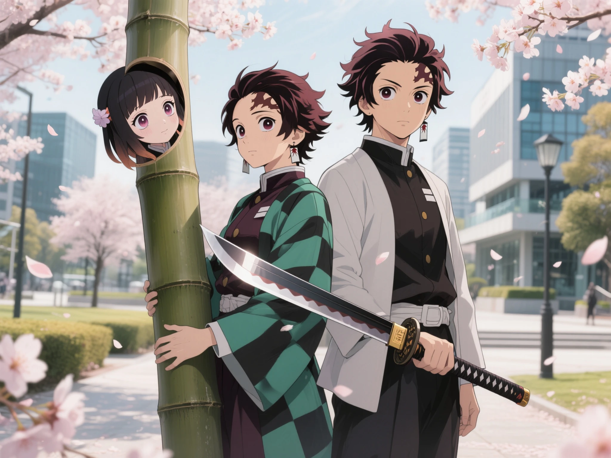 Tanjiro is carrying a Japanese wheel sword，Nezuko's head sticking out of a bamboo tube，Two people standing in a modern park with cherry blossoms；The user stands side by side with Tanjiro holding the same Japanese wheel knife，with a firm eye，The background is intertwined with modern architecture and falling petals，Soft tones，The light and shadow creates a sense of warmth and healing。