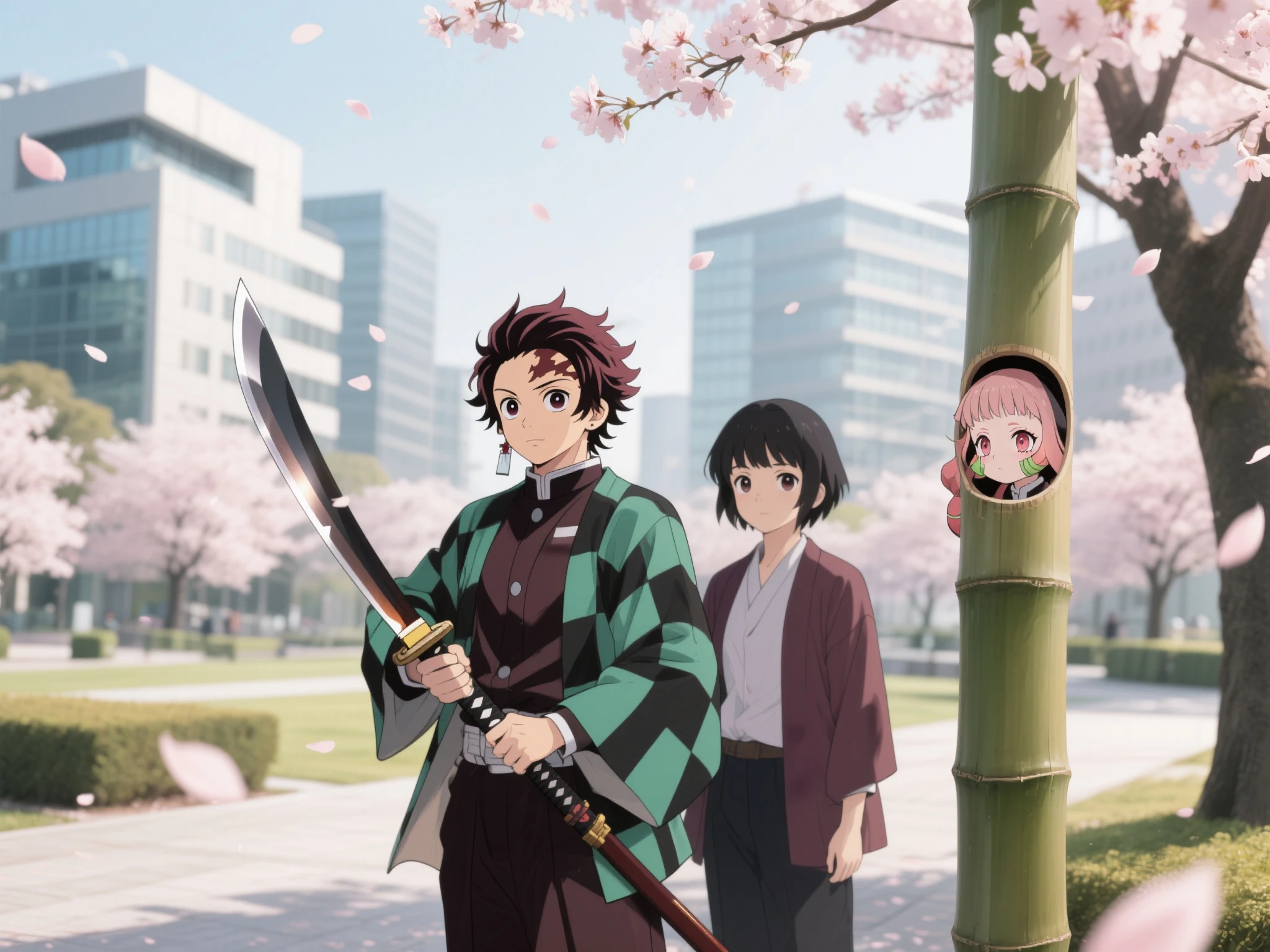 Tanjiro is carrying a Japanese wheel sword，Nezuko's head sticking out of a bamboo tube，Two people standing in a modern park with cherry blossoms；The user stands side by side with Tanjiro holding the same Japanese wheel knife，with a firm eye，The background is intertwined with modern architecture and falling petals，Soft tones，The light and shadow creates a sense of warmth and healing。