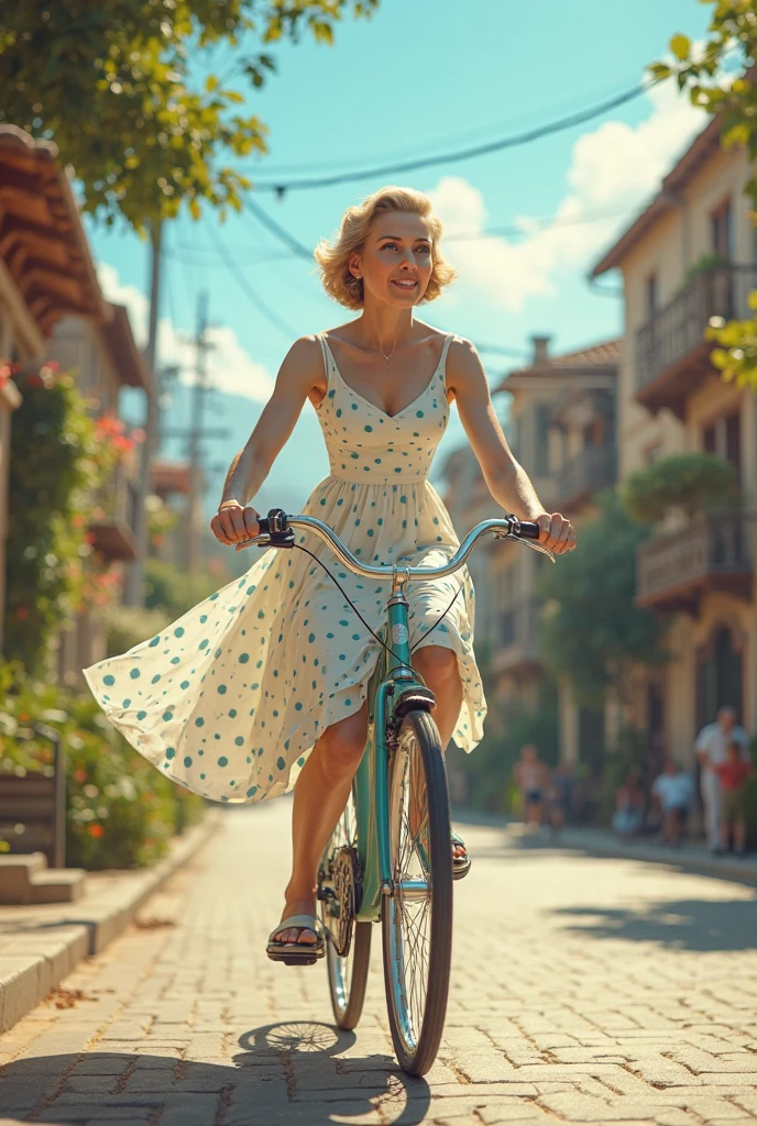 25-year-old girl, blonde, short hair, pedals her old bicycle past.  in front of a village store, French announcements, products displayed like in the old bodegas of Provence.  It's quite windy and your hair and dress move.  Village.  Little birds.  Lavender vases.  Sunset. Foggy filter.  Styled by David Hamilton.