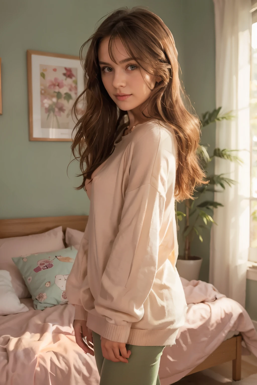 Light brown hair, green eyes, beige dress, open hair, fashion model