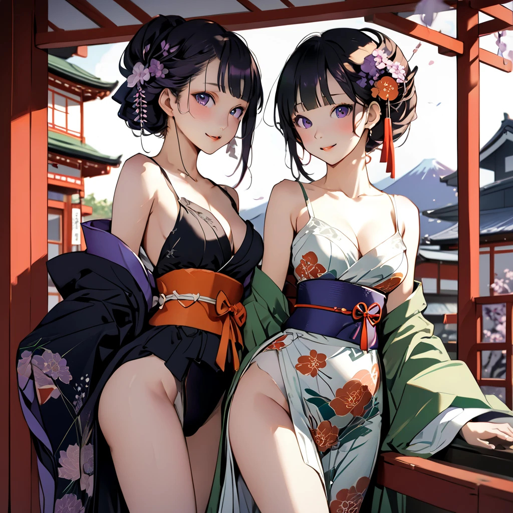 masterpiece, best quality, highres, 1girl, anime, purple hair, medium hair, asymmetrical hair, floating hair, hair between eyes, high ponytail, sidelocks, hair ornament, fish hair ornament, tassel, kanzashi, bangs, red eyes, open mouth, smile, teeth, upper teeth only, choker, red choker, pendant choker, butterfly choker, leash, collarbone, tattoo, chest tattoo, flower tattoo, deep cleavage, gigantic breasts, thick thighs, wide hipes, massive butt, bandages, bandaged leg, sarashi, budget sarashi, chest sarashi, black sash, hadanugi dousa, houkisei, strong wind, the wind blows the clothes, (no underwear), (no lingerie), (no bra), (no panties), (NFSW), japanese clothes, kimono, kinchaku, obi, obiage, obijime, orange kimono, pouch, print kimono, rope, sash, shimenawa, (tight kimono), taut kimono, mini kimono, (really short kimono), transparent kimono, (see-through kimono), single bare shoulder, bare tummy. bare belly, bare chest, bare hip, bare groin, bare breasts, highly detailed breasts, highly detailed areola, protrusive areolas, (pubic hair), detailed pubic hair, cherry blossoms, full body, seductive expression, sexy pose, seductive body, seductive chest,