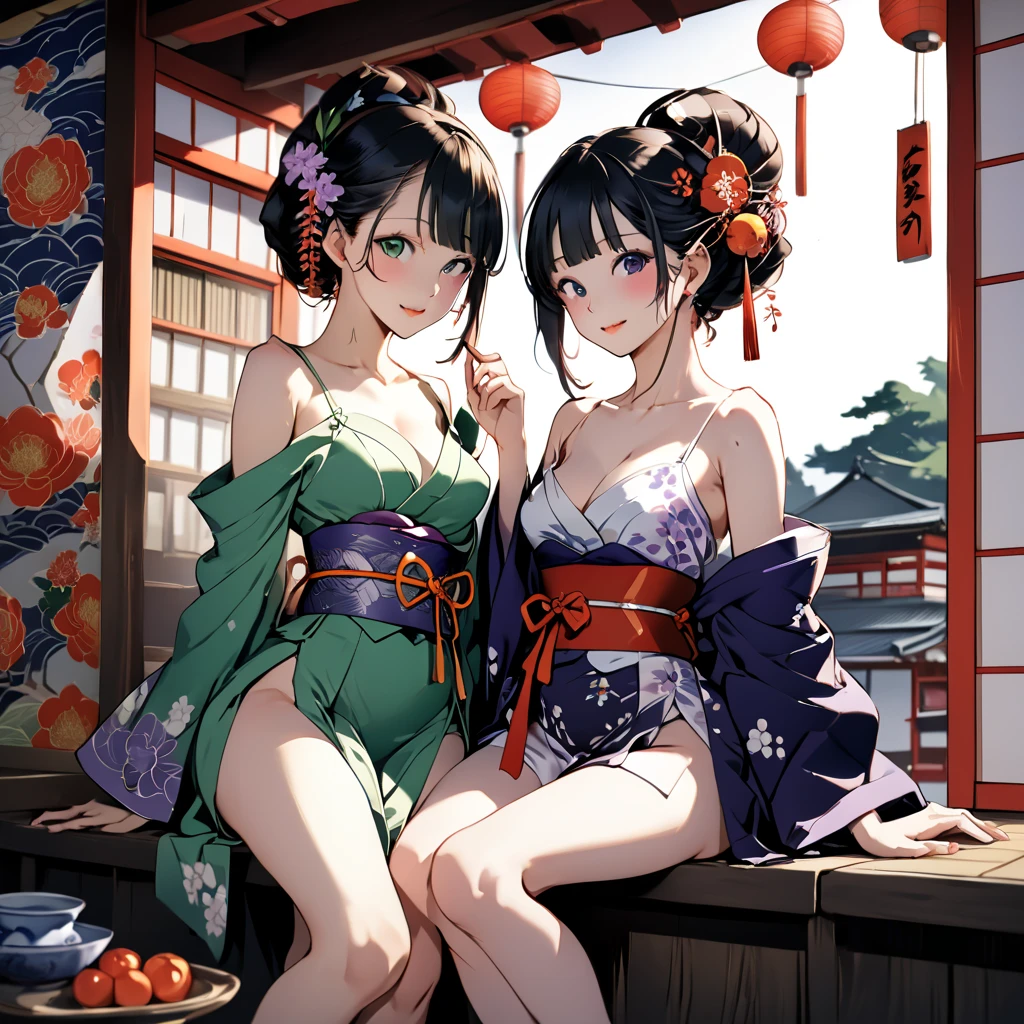 (masterpiece, best quality), best resolution, (2heads:1.5), 1girl, black hair, green eyes, relaxed, smiling, pink samurai robe, holding a teacup, kneeling on a cushion, zen garden outside a traditional japanese house