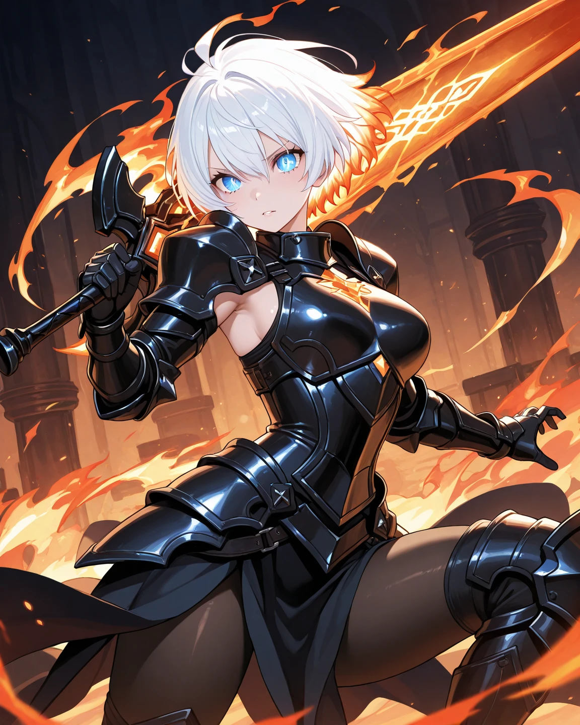 (masterpiece、Highest quality、detailed)、Female 1 person、solo、Staring at the audience、、Ajda、short hair、Gray Hair、Headpiece、Fur trim、Black Cape、armor、armorのドレス、Gauntlet、Black thigh-high socks、Wicked Smile、war、Outdoor、Second World War、fire、burn、sit、Crossing your legs、whole body、Ahoge、Cloudy、explosion、cigarette、Military Vehicles、Thighs、Open lips