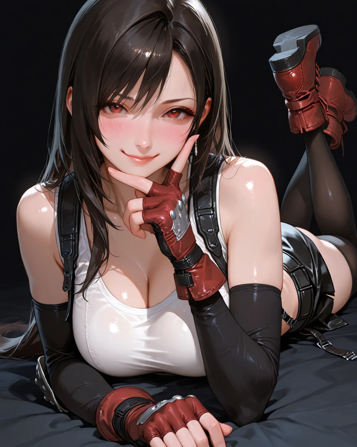 ((Biologically correct number of limbs))、4K、masterpiece、((focus on the face))、((Symmetrical facial features))、Eyes with detailed description、Beautiful woman、outstanding style、beautiful arms、beautiful legs、beautiful hands、(small ass、thin thighs）、Detailed depiction of faces、(shirt、skirt、((tifa lockhart))、high heels、stockings）、close up of face、The background is the park in the morning、