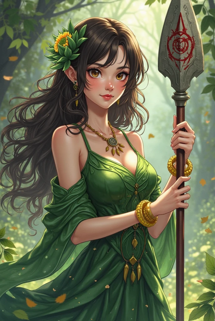 anime style, a half-elf, long brown hair, blue eyes, tan skin, wearing green and brown midi dress, handling a wand