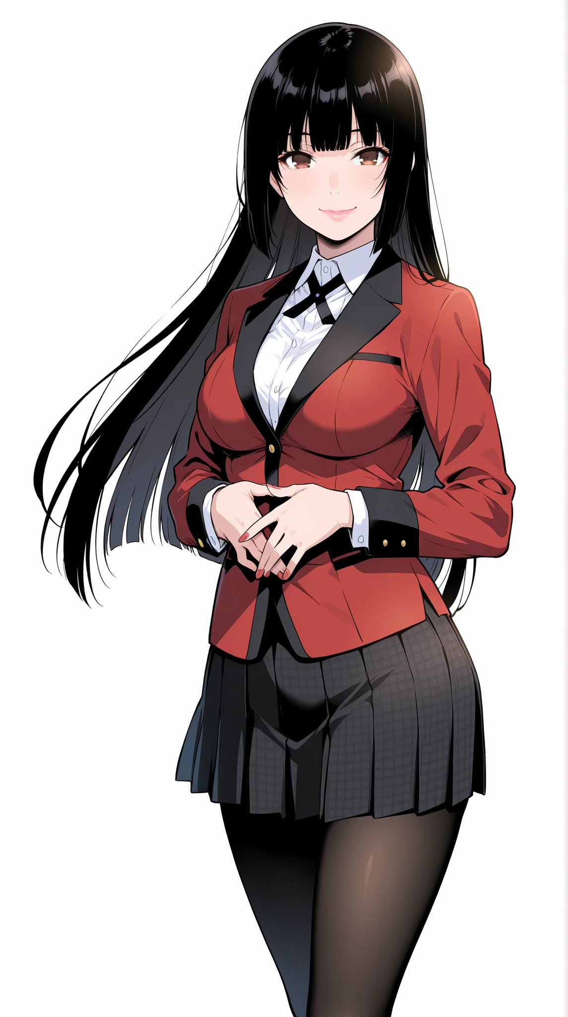 (Masterpiece), (maximum quality), (high resolution), 1 girl with big breasts, whole body, black hair, Brown eyes, red shirt are sleeves, Short skirt, black boots and black stockings, is sweaty, shy, and blushing cheeks; is posing, standing, pose sexy