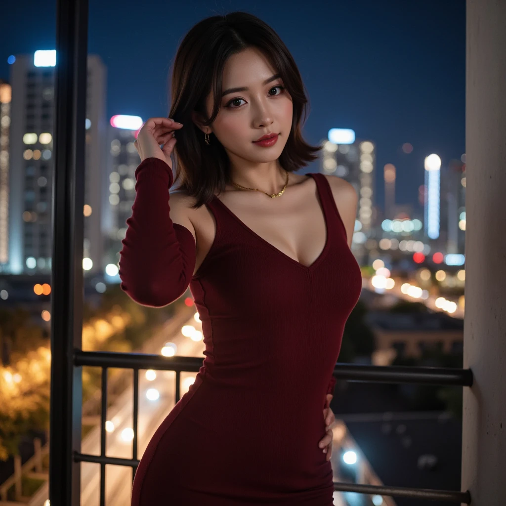 8K, masterpiece, RAW Photos, Highest quality, Realistic, Highly detailed CG Unity 8k wallpaper, Depth of written boundary, Cinematic Light, Lens flare, Ray Tracing, (Very beautiful face, Beautiful Lips, Beautiful Eyes), Exquisitely detailed face, ((Highly detailed skin)) One girl, In the Dark, Deep Shadow, Cute Asian Girl, ((View Viewer)),(big smile), (Blurred Background), midnight, (pretty girl), Earrings, bracelet, necklace, Clear Eyes, (Pale skin), Look forward, (Big eyes), (View Viewer), Big Breasts ,((smile)), rooftop, Dim lighting, ((night)), Cityscape, blue eyes, sparkling dress, Mini Dress, Very short red dress, Open chest, Balcony, Very slim, (Medium Butt), See-through dress, Thick thighs, Open chest, (Front shot), focus on Public Hairy,((I took off my clothes)),((Nude))，(Public Hairy)
