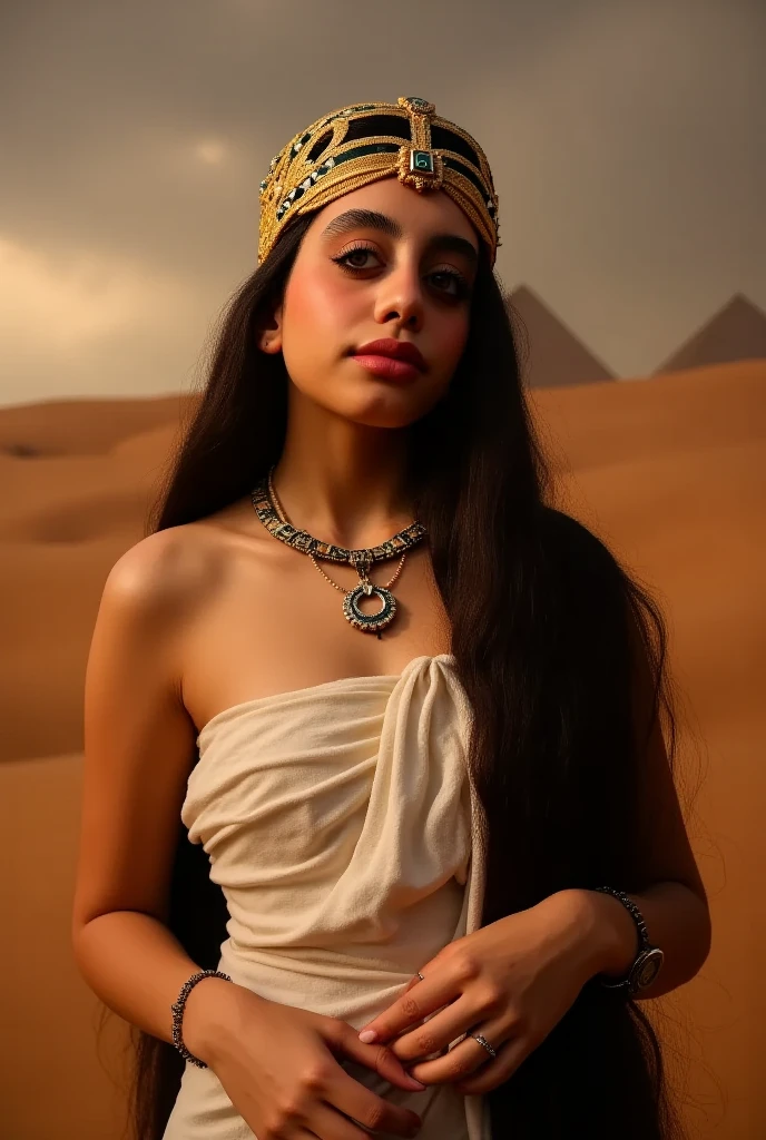 egyption woman, detailed portrait of an egyptian woman, ornate headdress, piercing eyes, serene expression, delicate facial features, intricate jewelry, draped clothing, standing pose, dramatic lighting, desert landscape background, cloudy sky, sand dunes, pyramids in distance, cinematic, digital painting, highly detailed, photorealistic,4k,8k,hdr,ultra-detailed,physically-based rendering,professional,vivid colors,warm color palette