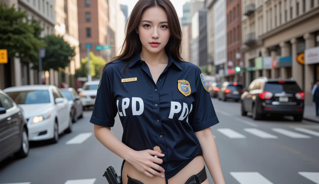1girl, (police woman:1), uniform, night street, lighting on face, bright back lighting, medium breast, ultra high res, best quality, photo, 8k, (photorealistic:1.2),(police car:1),(AV actress:1),(expose breasts:1.2),(Police cap:1), <lora:koreanDollLikeness_v15:0.3>