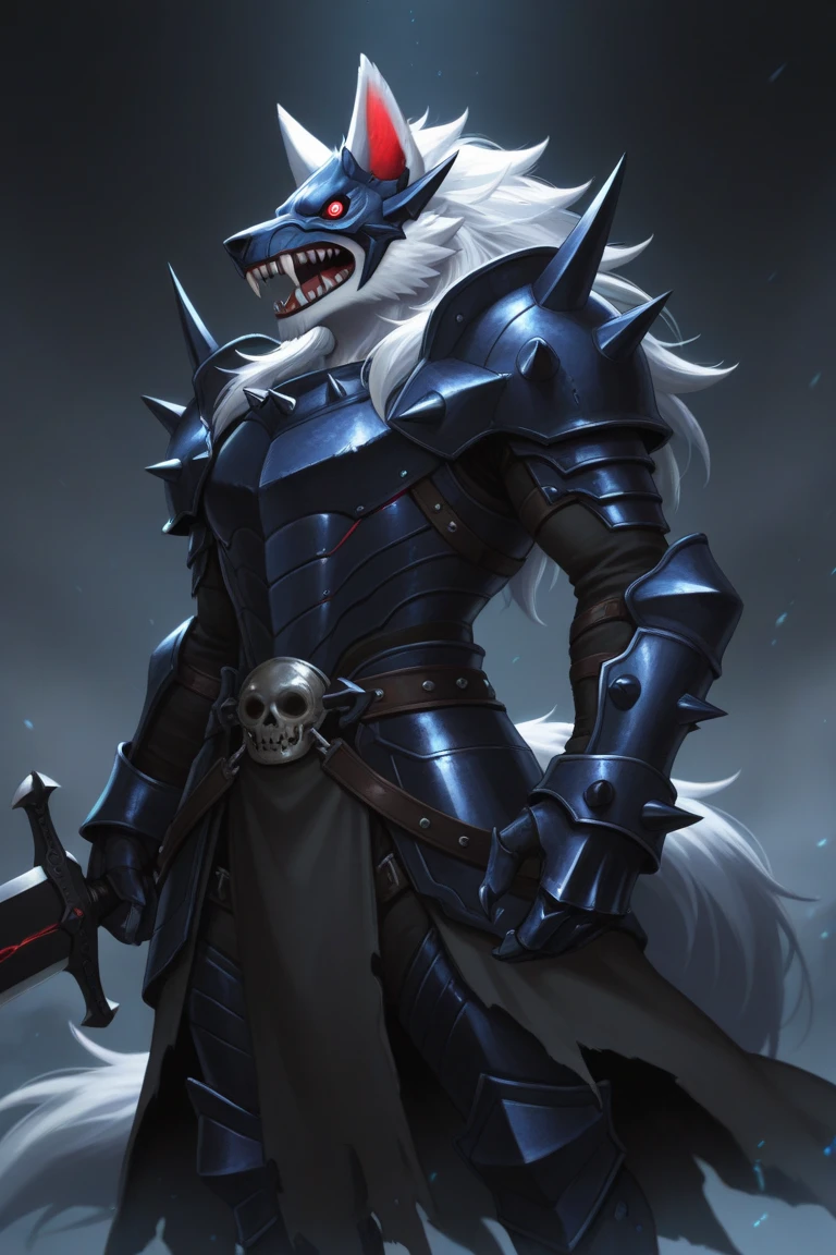 Art anime Cartoon,furry Masculine,black body,Skeletal wolf face,furry ears,black sclera,blue iris,Big black tail,Lifeless facial expression,Old armor,Currents in the bady,Dungeon cartoon scenery.