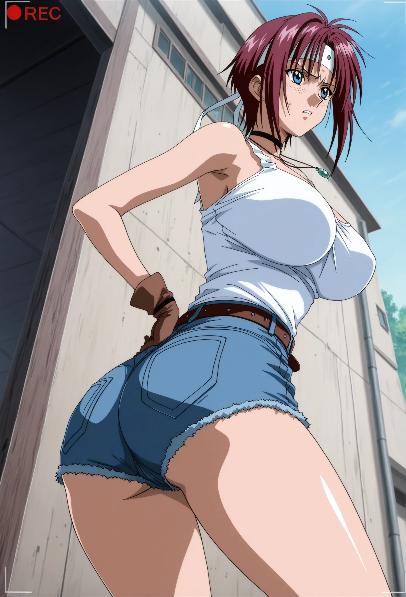 Slender and sexy woman,Black thigh-high boots,Beige jeans shorts,In the toilet,Molester,Restrained by chains,Crucifixion,Put your hands behind your back,Folded ponytail,Suspension,