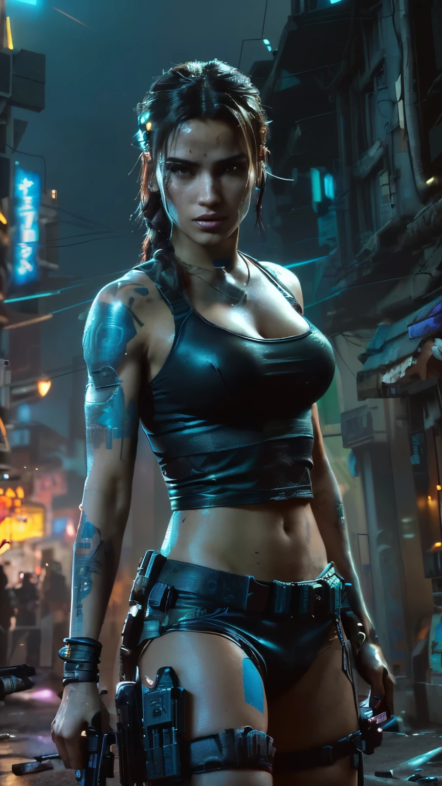 Dystopian cyberpunk 3099 in ancient style,The badass cyberpunk warrior, mature woman, strong body, (blue eyes), dark colourful hair,, battle scar's,,(massive perfect snoopy breast:1.0), massive perfect breast,,(muscular body), ((undercut hairstyles,,shot hair)), (naked breast), cinematic shot,, realistic movie photography, dark horror vibe,(realistic skin texture:1.1),4k, (cinematic photography:1.0),,(head and breast closeup)