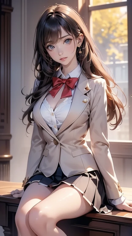 (masterpiece:1.3, top-quality, ultra high resolution, ultra detailed), (realistic, photorealistic:1.4), beautiful illustration, perfect lighting, natural lighting, depth of fields, ,
beautiful detailed hair, beautiful detailed face, beautiful detailed eyes, beautiful clavicle, beautiful body, beautiful chest, beautiful thigh, beautiful legs, beautiful hands,
looking at viewer, (face focus), 1 girl, high school girl, alisa kujou, (perfect anatomy, anatomically correct), cute and symmetrical face, babyface, perfect face, perfect eyes, shiny skin,
(long hair, straight hair, sideburns, silver hair), crossed bangs, ahoge, blue eyes, slant eyes, long eye lasher, (medium breasts, seductive thighs), slender, outstanding style,
(schooluniform, long sleeve light brown blazer, gray vest, gray pleated skirt with white line, white collared shirt, white thigh-highs with gold line), red bow tie,
(beautiful scenery), evening, (school classroom:1.2), (lovely smile, parted lips),