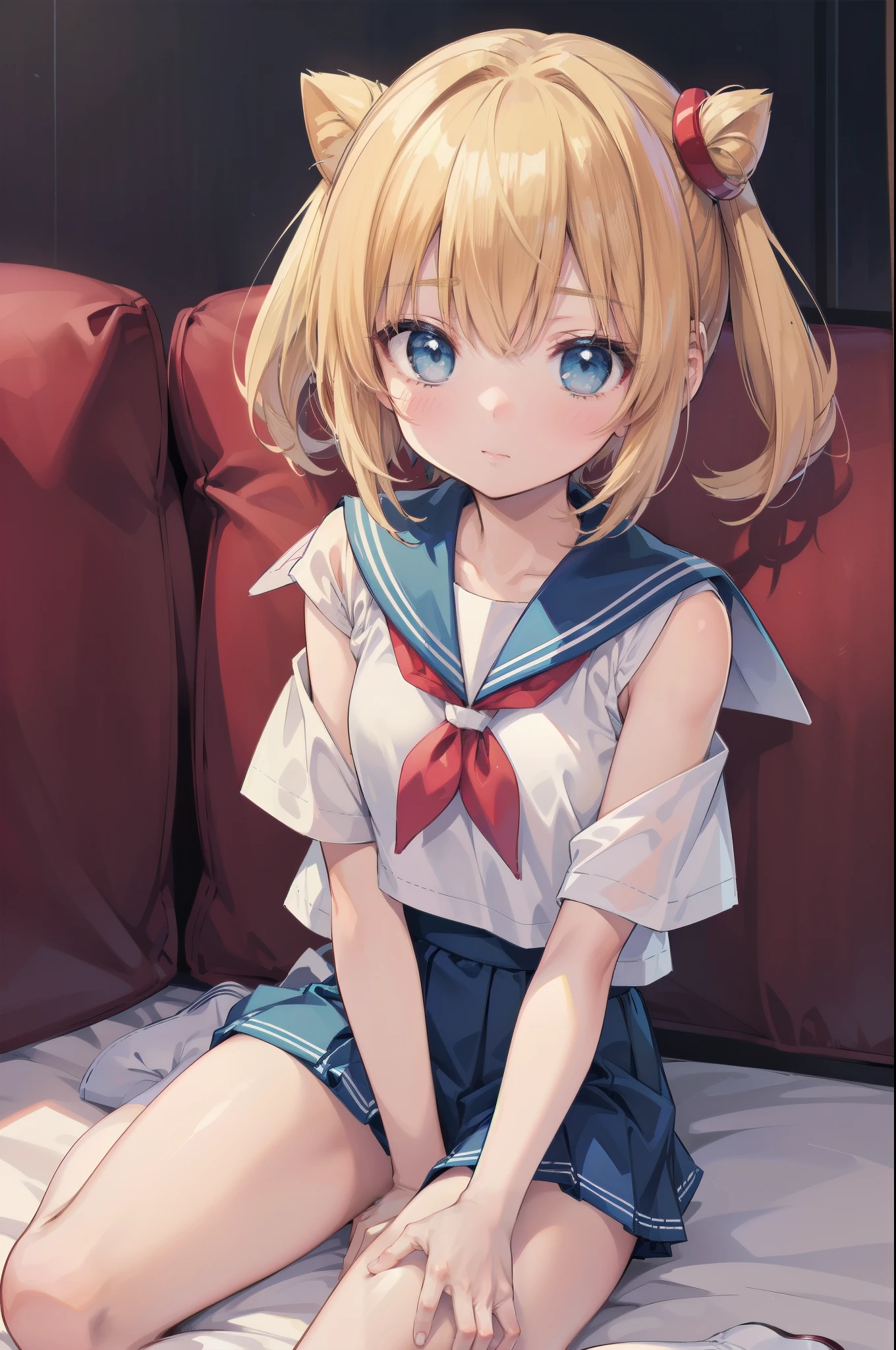 1girl,solo,pulesia,blonde hair,short hair,(blue vest,white dress),Side pony tail,(chibi:1.3),boots,(upper body:1.3),open mouth, embarrassed ,blush,spread armpit, arms behind head,(spread legs:1.3),(legs up),(cameltoe:1.3),masterpiece,Noise Reduction,perfect anatomy,high resolution, ultra-detailed, ultra-detailed face,game cg,dutch angle ,beautiful detailed eyes,visualart,five fingers, perfect hands, perfect lighting,