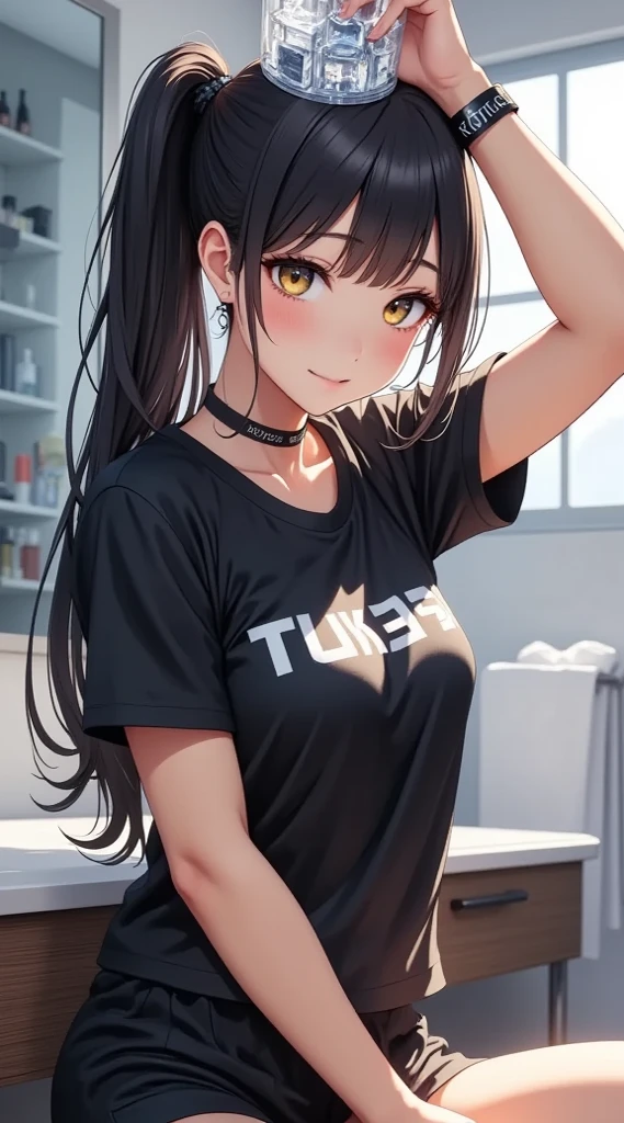 Girl with cat ears and tail. black fur. Good size breasts and wide hips. white cropped t-shirt. Dark Alley Short Jeans. evening. Shy expression Sitting on the floor on her knees. legs open. hands on the ground