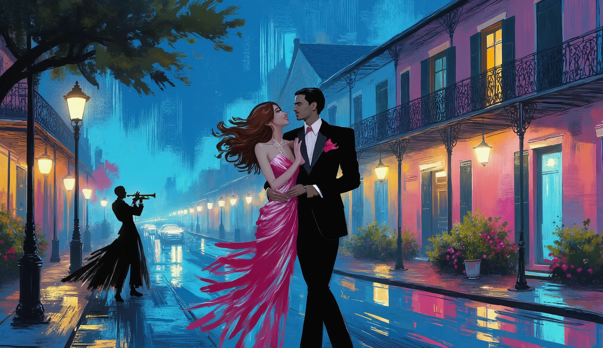 illustration, a couple walking in historic new orleans street, a black man plays trumpet near a street lamp, night, color palette:
Lapis Lazuli, Oxford Blue, Turquoise, Raw Sienna, Brown (Crayola), capture the happiness, the music and the atmosphere from new orleans in that time, fashion, historic, illustration. UV blacklight, volumetric light.