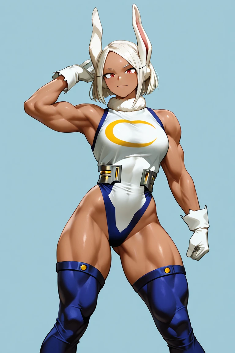 mirkodef, muscular
white leotard, blue leotard, crescent print, highleg, turtleneck, sleeveless, gloves, blue thighhighs