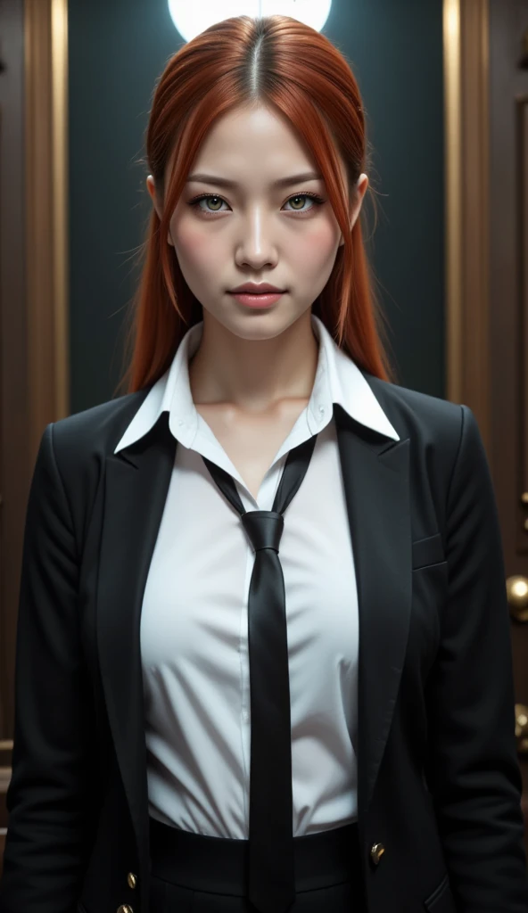 3d rendering style:Woman wearing a black in business suits clothes, a white in dress shirt, high face quality, biggest breasts,green eyes, red lips,huge longest red hair,perfect face, Ultra-realism, Details, 8K, High quality, Full HD