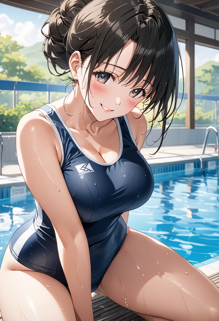 (masterpiece,highest quality,超A high resolution),japanese woman, (((Very beautiful 25 year old girl))), pretty girl、look at the photographer、 ((beautiful low ponytail)), super cute face, glossy lips, double eyelids in both eyes,natural smile、 natural makeup, long eyelashes, Shiny and smooth hair、center image, perfect limbs, perfect anatomy,(((navy blue school swimsuit))、pool,See-through,night