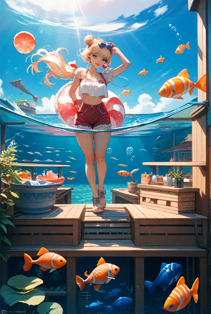 Underwater tracks and crossings、Giant goldfish swimming around、A girl in a white bikini is standing at a railroad crossing waiting、Seaweed、Coral、Colorful scenery、8k、High quality、Glittering water surface、Sunset、Underwater Images、